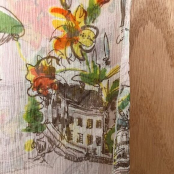 3/$15 Portland Artist Dana Herbert Oblong Silk Scarf Orange Yellow Buildings - Picture 1 of 5